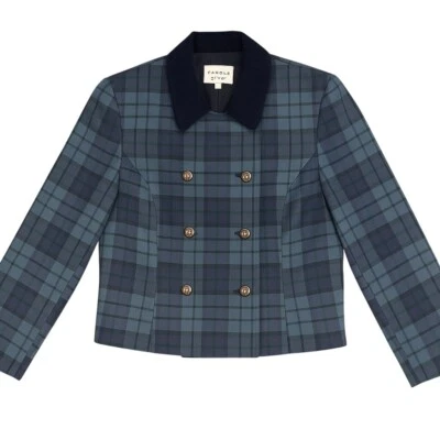 Blazer Carroll Reed feminino 14P azul xadrez lã peito duplo colarinho de veludo - Imagem 1 de 4