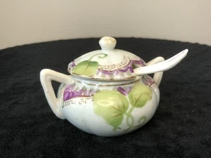 Antiguo cuenco/tarro de condimentos japonés con tapa y cuchara, pintado a mano - Imagen 1 de 13