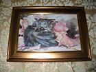 KITTEN WAKES UP IN ROSES  4 X 6 gold framed picture Victorian style art print