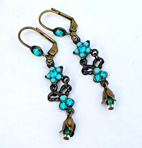 Michal Negrin Earrings Dainty Turquoise Azure Blue and Swarovski Crystals Lotus - Picture 1 of 9