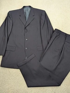 Daniel Hechter Suit Mens 42R 32x29 Blue Wool Herringbone Pinstripe Vintage 2 Pcs - Picture 1 of 20