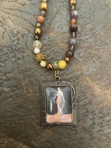 Art Nouveau Erte Leopard Donna Bronze Filigree Pendant Crystal Jasper Necklace - Picture 1 of 3