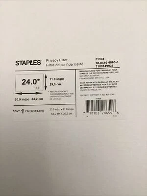 Staples Privacy Filter for 24" Widescreen Monitors (16:9) 51938 - Image 1 of 4