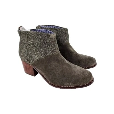 TOMS Leila Tarmac Olive Suede Herringbone Booties US 8 Block Heel Ankle Boots - Image 1 of 4