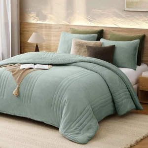 King Comforter Set Sage Green Sherpa Plush Fuzzy Comforter 3 Piece Winter Warmth - Picture 1 of 7