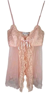 Vintage Y2K feminines Babydoll Blumenmuster transparente Spitze rosa Oberteil kokett romantisch Gr. Medium - Bild 1 von 6