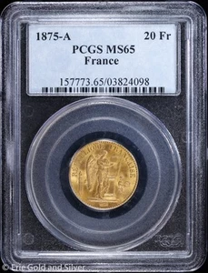 1875-A France Gold 20 Francs Coin PCGS MS 65 | AGW .1867 Uncirculated UNC BU - Picture 1 of 4