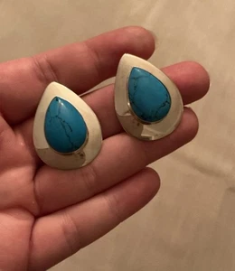 Signierte HOB Mexico 925 Silber Türkis große Träne Ohrhänger Ohrringe durchbohrt 1,5" - Bild 1 von 10