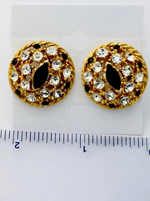 Signed MJ Ent 1980s-90s Vintage Gold Black Crystal Pierced Earrings MJ - Image 1 of 2