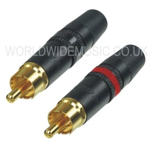 A Pair of (2) REAN (Neutrik) Pro Phono RCA Plugs - one GOLD/RED one GOLD/BLACK - Picture 1 of 3