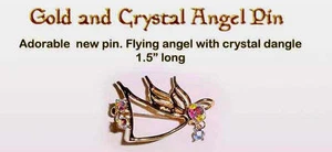 Adorable Gold and Crystal Angel Pin - Picture 1 of 1