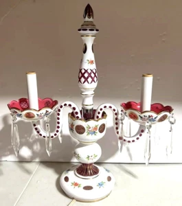 Antique Bohemian Czech White Cut to Cranberry Candelabra Lamp prisms Electric - Picture 1 of 8