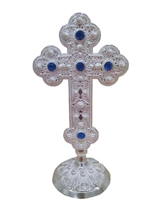 6.5" Engraved Gianniotiko Design Altar Stand Silver Plated Blessing Church Cross - Picture 1 of 9