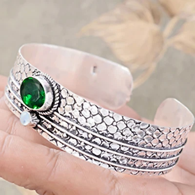 Diopside Cut & Moonstone Gemstone 925 Sterling Silver Artisan Craft Bangle Cuff - Image 1 of 4