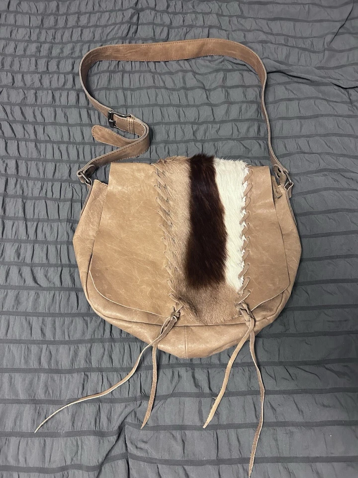KULU Messenger Handbag Leather Springbok Fur Luxury Bag Purse Animal Tan 12x12 - Image 1 of 4