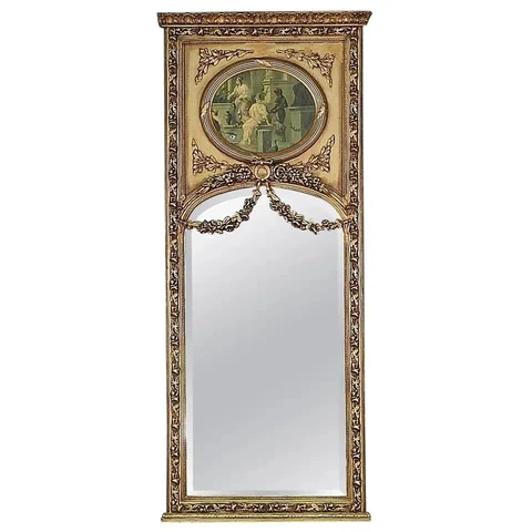 Tall Gilded French Louis XV Style Trumeau Mirror with Neoclassical Print Cover
