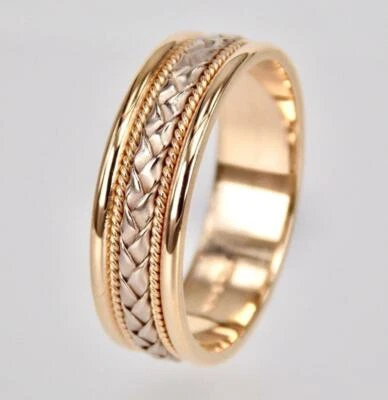 MENS LADIES SOLID 14K TWO TONE GOLD BRAIDED MILGRAIN COMFORT FIT WEDDING BAND - Image 1 of 4