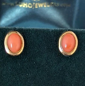 Vintage Coral 14k Yellow Gold Oval Earrings Studs with Posts Estate Jewelry Gift - Picture 1 of 7