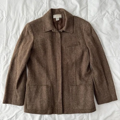 Vintage Talbots Brown Herringbone Wool Bomber Jacket 16 Old Money Equestrian USA - Image 1 of 4