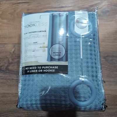 NEW Hookless Waffle Blue Shower Curtain 3-in-1 Shower Set - Image 1 of 2