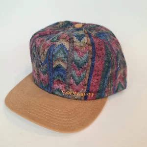 Vintage Carhartt Aztec Wool Blanket SnapBack Hat Cap USA Multicolor Logo Tan  - Picture 1 of 12