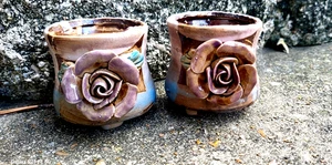 Pair of Mini 2.5x2.5" Autzen Ceramic Pot Planters {Brown 1 Brownish Mauve Rose } - Picture 1 of 12