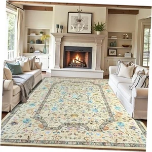 Living Room Rug,5x7 Rug Machine Washable Area Rug Non Slip Floral 5' x 7' Beige - Picture 1 of 7