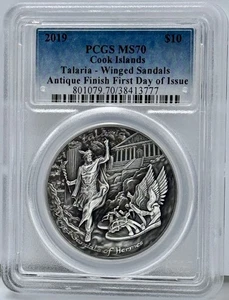 Winged Sandals Hermes Talaria 2019 2 Oz Silver $10 Cook Islands PCGS MS 70 FDOI - Picture 1 of 3