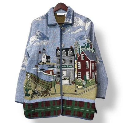 复古 Blair 挂毯夹克女式 L 码风景咖啡馆 Cottagecore 艺术穿海岸 — 第 1/4 张图片