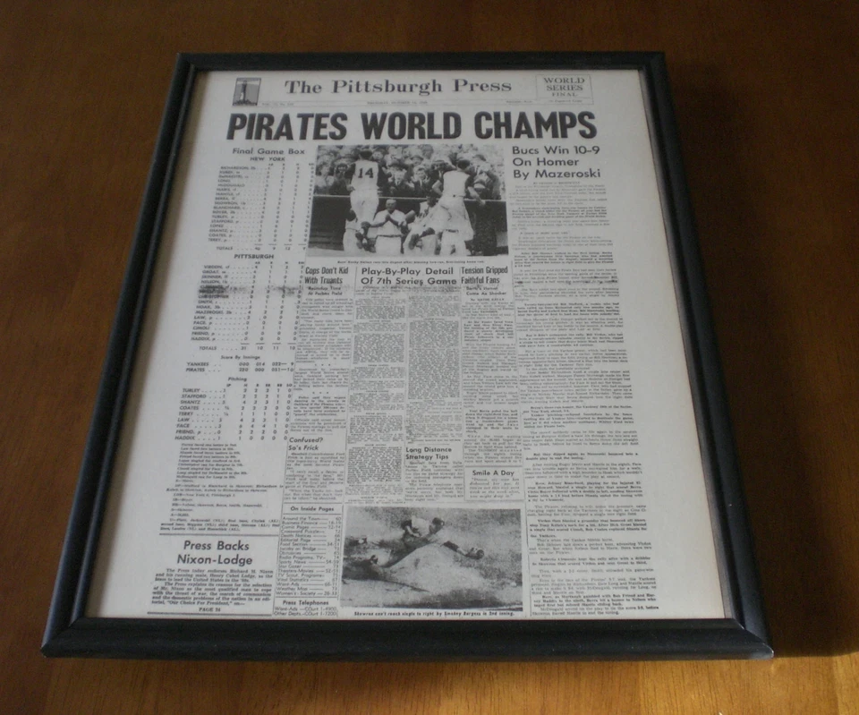 1960 PITTSBURGH PIRATAS GANAN SERIE MUNDIAL ENMARCADO 11x14 impresión de periódico  Foto 1 de 1