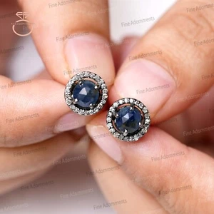Aretes de plata maciza 925 zafiro azul natural pavé joyas de diamantes - Imagen 1 de 10