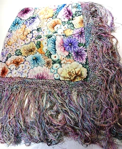 Antique Victorian Silk Piano Shawl Watercolor Flowers Woven Fringe - Picture 1 of 7