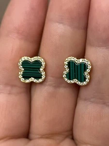 585 Gold pl Ohrringe fein Silber 925 Malachit Kleeblatt Zirkonia Ohrstecker - Bild 1 von 4