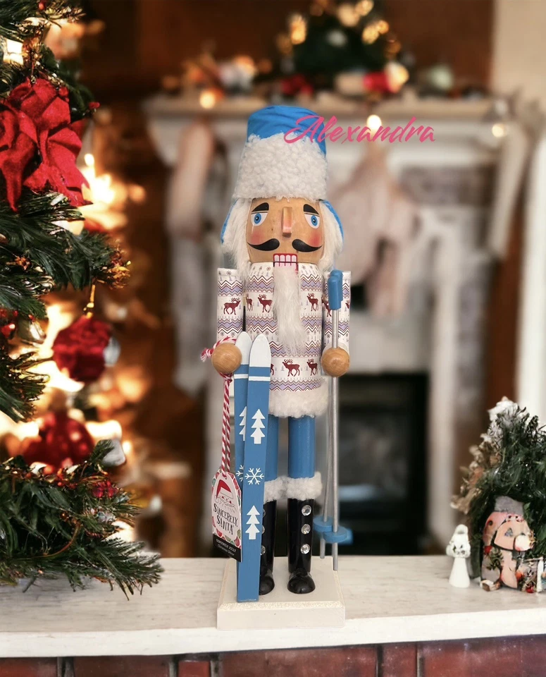 SINCERELY SANTA Snow Skier Wooden Nutcracker 14” Reindeer Jacket Ski’s & Poles Christmas Ski New