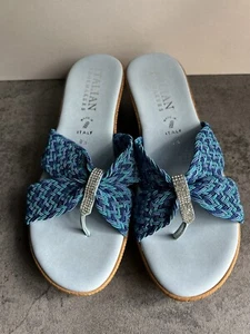 Italian Shoemakers Mixed Blue Rhinestone Sparkle Thong Wedge Sandals Size 9.5 M - Picture 1 of 17