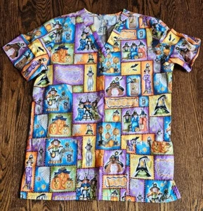 Cherokee Womens Med HALLOWEEN Witch Cats Bats BOO! Orange Short Sleeve Scrub Top - Picture 1 of 7