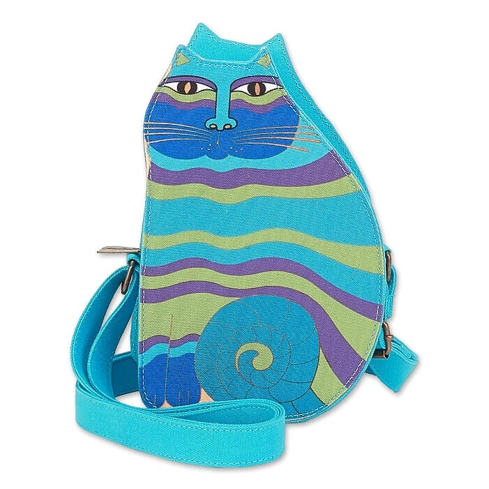 Laurel Burch Blue Striped Cat 6x9 Cutout Shoulder Tote – LB6554E – Blue - Image 1 of 1
