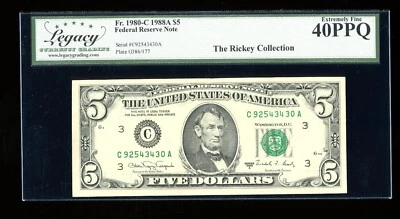 DBR 1988-A $5 Philadelphia Fr. 1980-C Legacy XF-40 PPQ Serial C92543430A - Image 1 of 2