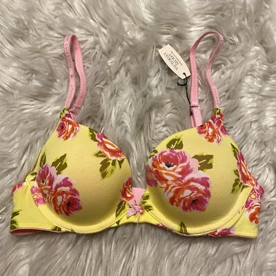 Victorias Secret 32B 胸罩黄色花卉印花聚拢棉混纺钢圈新品 — 第 1/4 张图片