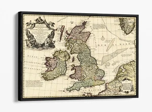 VINTAGE MAP OF THE BRITISH ISLES -FLOAT EFFECT FRAMED CANVAS WALL ART PRINT - Picture 1 of 12