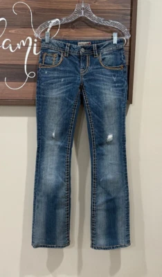 Pantalones de mezclilla para mujer MEK DENIM TIRO BAJO SLIM BOOTCUT 25 lavado oscuro occidental Y2K Foto 1 de 4