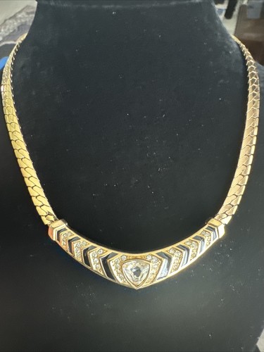 Collana vintage Christian DIOR smalto nero e strass tono oro collare anni 90