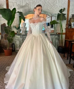 Vintage Princess Wedding Dresses Off Shoulder Long Sleeves Corset Bridal Gowns - Picture 1 of 9