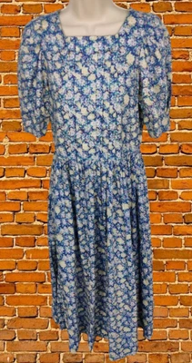 VINTAGE LAURA ASHLEY BLUE DRESS SIZE UK 12 COTTON SHORT SLEEVE FLORAL SQUARE - Image 1 of 4