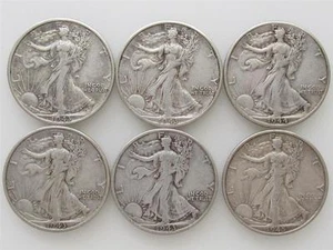 1943-44-45 Lot of 6 Walking Liberty US Half Dollar Silver Coins, 4 D's. 2 S's. - Picture 1 of 8