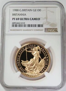 1988 GOLD GREAT BRITAIN 626 MINTED 100 POUNDS PROOF BRITANNIA NGC PF 69 UC - Picture 1 of 2