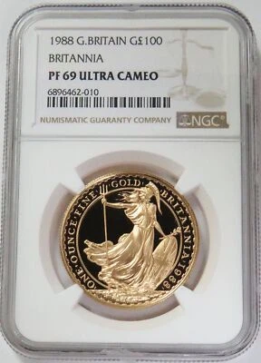 1988 GOLD GREAT BRITAIN 626 MINTED 100 POUNDS PROOF BRITANNIA NGC PF 69 UC - Image 1 of 2