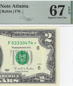 1995 $2 ATLANTA * STAR * ⭐️ FRN. PMG Superb Gem Uncirculated 67 EPQ Banknote. - Picture 1 of 3