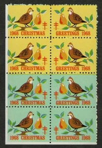 1968 WX236 Partridge & Pear Tree Block of 8 Christmas Seals/Stamps VF MNH - Picture 1 of 4