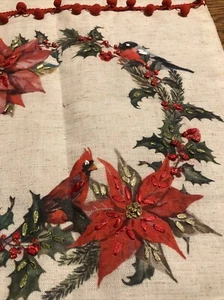 Christmas Cardinal Table Runner Wreath Poinsettia 13 X 69 Pom Poms - Picture 1 of 7